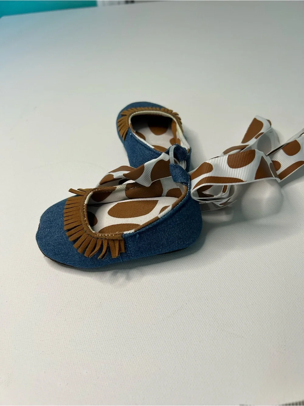 Mudpie Denim Fringe Moccasins in Blue and Brown 0-6 month 100% cotton